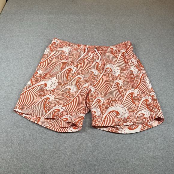 Trunks Surf & Swim Co Swim Shorts Mens XL‎ Orange Wave Pattern Lined Drawstring - Picture 1 of 12
